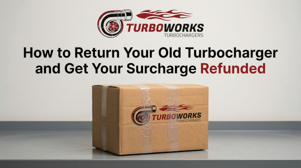 Turboworks branded turbocharger parcel showing how to return an old turbocharger for a surcharge refund
