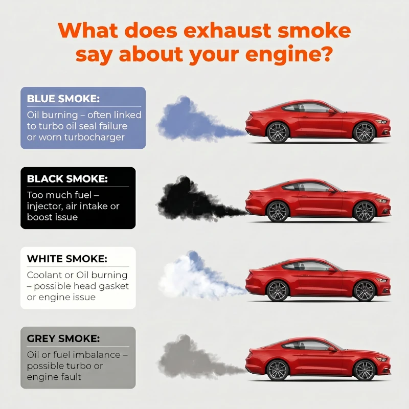Blue, grey and black exhaust smoke caused by turbocharger failure