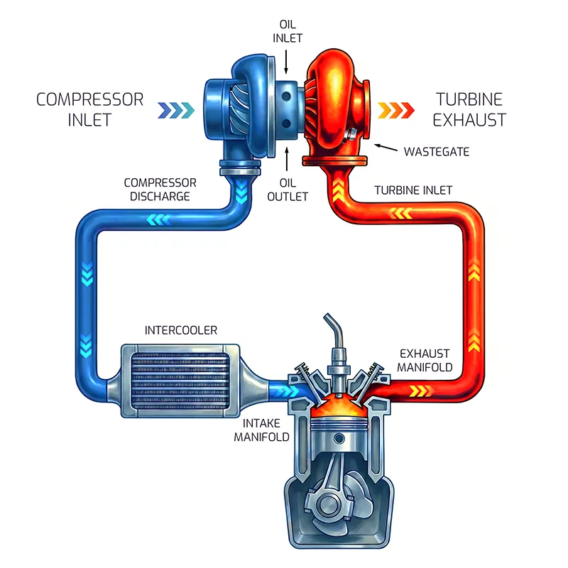 How a turbocharger works diagram showing exhaust flow, boost pressure and compressed intake air